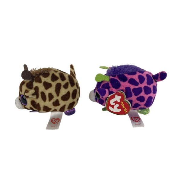 Teeny Ty’s Ferris & Mabs Giraffe 4" Plush Lot of 2 Green Purple Glitter Eyes - Picture 2 of 6